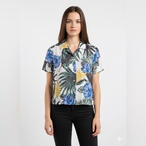 Hurley Women's Tropical Floral Blouse - Blue, Yellow, Black
